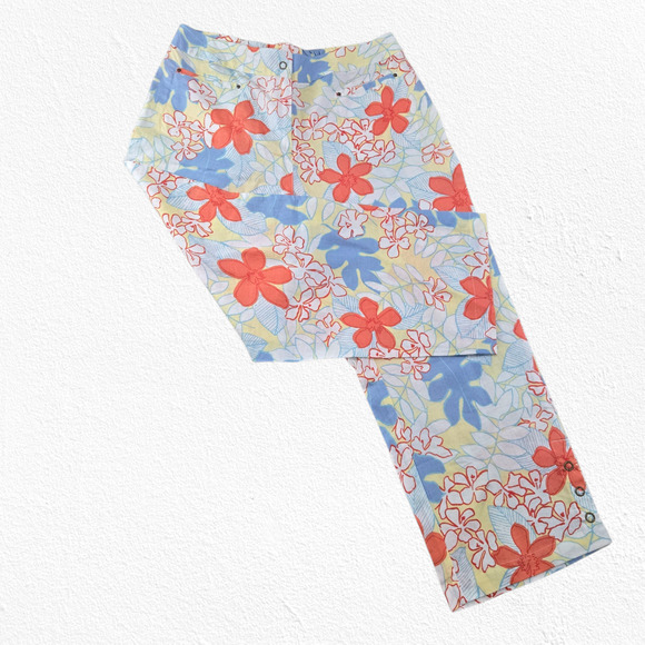 90s Vintage Ralsey Linen Floral Capri Pants Size 14 Cropped Tropical Resortwear - Picture 1 of 9